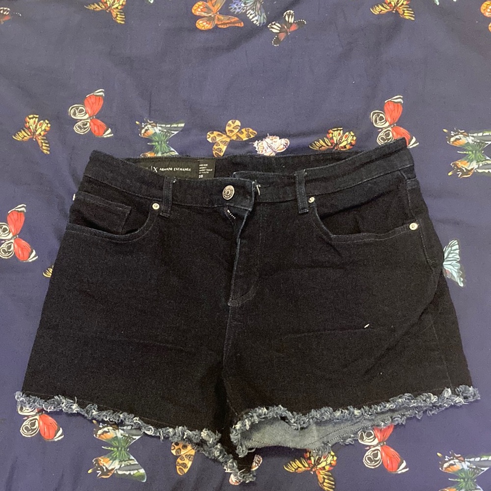 Armani Exchange Dark Blue Dye Midrise Shorts with pockets on side and back.